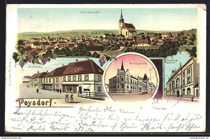 Lithographie Poysdorf, Gemeinde-Gasthof, Bezirksgericht, Josefplatz