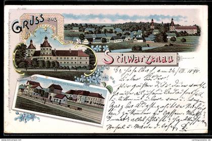Lithographie Schwarzenau, Schloss, Bahnhof mit Restaurant