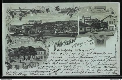 Mondschein-Lithographie Matzen b. Gänserndorf, Hauptplatz, Gräfl. Kinsky Schloss, Ortsansicht