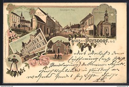 Mondschein-Lithographie Poysdorf /N. Ö., Bahnhof, Dreifaltigkeits-Platz, Josefplatz, K. K. Bezirksamt