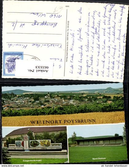 663333,Mehrbild Ak Poysbrunn Poysdorf Kriegerdenkmal Sport-Zentrum