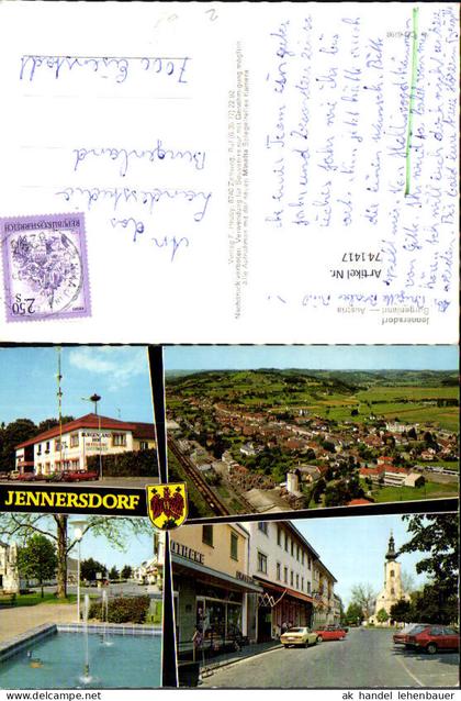 741417 Mehrbild AK Jennersdorf Burgenlandhof Straßenpartie m. Kirche Luftbild Springbrunnen