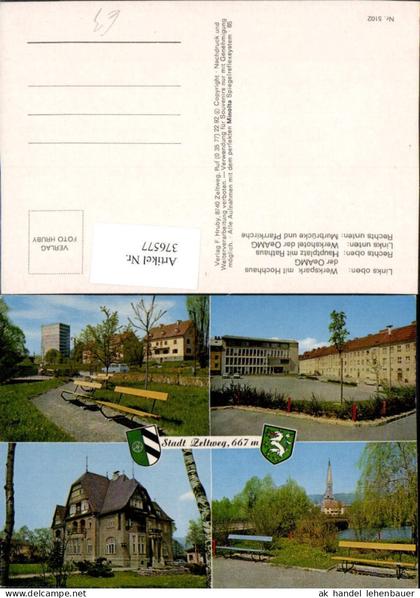376577,Zeltweg Werkspark Hochhaus Hauptplatz Rathaus Hotel Brücke Kirche Mehrbildkarte