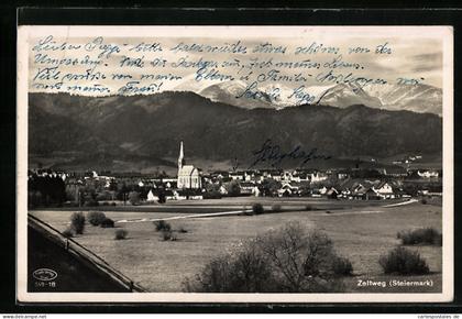 AK Zeltweg, Ortsansicht mit Gebirgspanorama