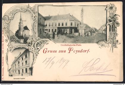 AK Poysdorf, Gemeinde-Gasthof, Dreifaltigkeits-Platz, Kirche
