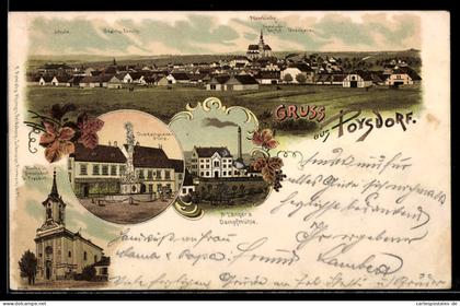 Lithographie Poysdorf, Blick zum Ort, A. Langer's Dampfmühle, Dreifaltigkeitsplatz