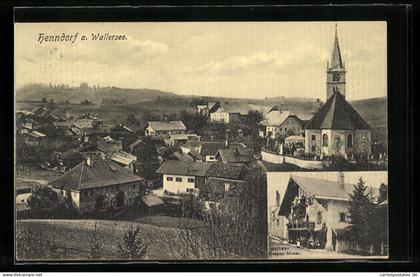 AK Henndorf am Wallersee, Gasthaus Kaspar Moser, Teilansicht mit Kirche