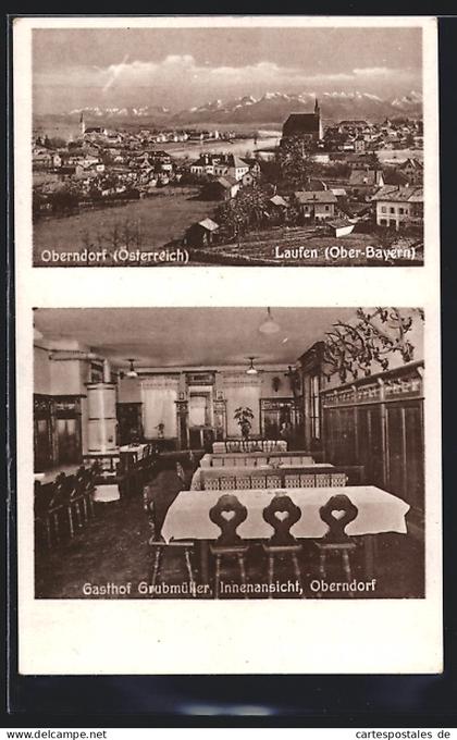 AK Oberndorf bei Salzburg, Gasthof Grubmüller am Bahnhof, Panorama mit Laufen, Grenze