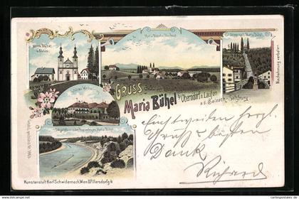 Lithographie Oberndorf bei Salzburg, Maria Bühel, Ansicht der Kirche, Schloss Weitwörth