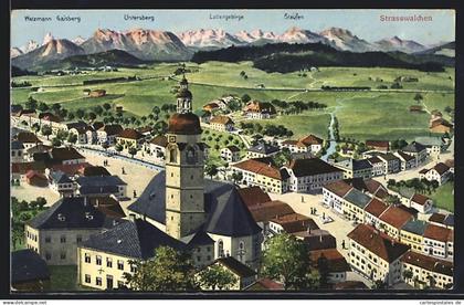 AK Strasswalchen, Blick über die Dächer auf die Berge, Gaisberg, Untersberg, Staufen