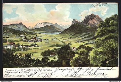 Künstler-AK Thalgau, Ortspartie im Gebirge