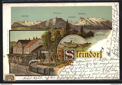 Lithographie Strasswalchen, Steindorf, Bahnhof mit Eisenbahn, Totalansicht mit Berglandschaft