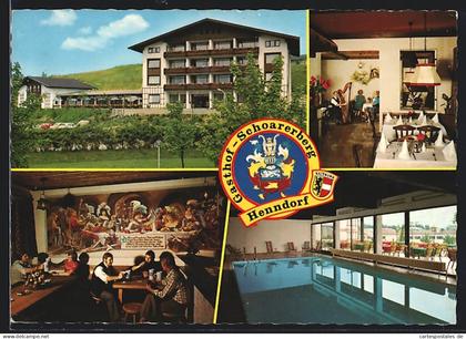 AK Henndorf am Wallersee, Der Gasthof Schoarerberg mit Speiseraum und Schwimmbad