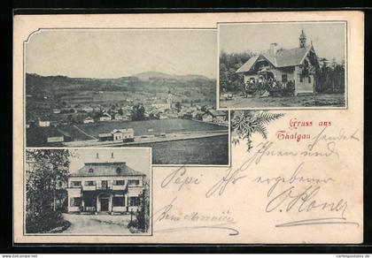 AK Thalgau, Villa, Holzhaus, Ortsansicht mit Kirche