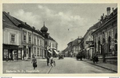 austria, STOCKERAU, Main Street with Café Dienst, Horse Cart (1930s) Postcard