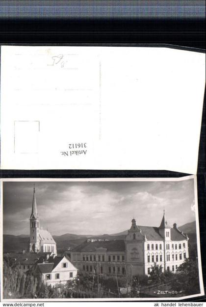 316112,Foto AK Zeltweg Kirche Schulgebäude Mädchen- u. Knabenschule
