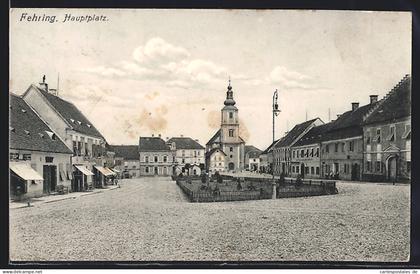AK Fehring, Hauptplatz mit Geschäften und Kirche