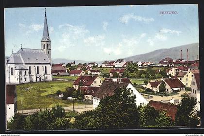 AK Zeltweg, Teilansicht der Ortschaft mit Kirche