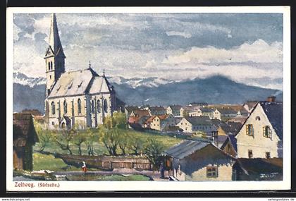 Künstler-AK Zeltweg, Teilansicht mit Kirche