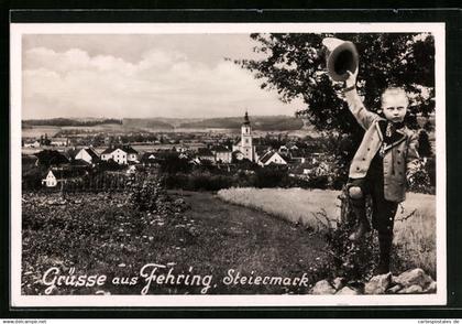 AK Fehring, Ortsansicht mit grüssendem Steirabuam