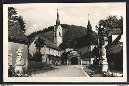 AK Maria Lankowitz /Steiermark, Ortspartie mit Kirche und Standbildern
