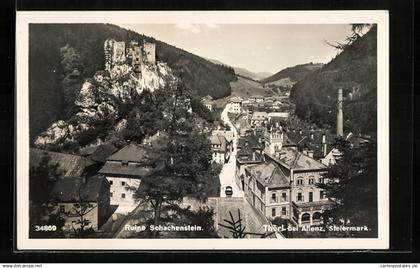 AK Thörl bei Aflenz, Ortspartie mit Ruine Schachenstein
