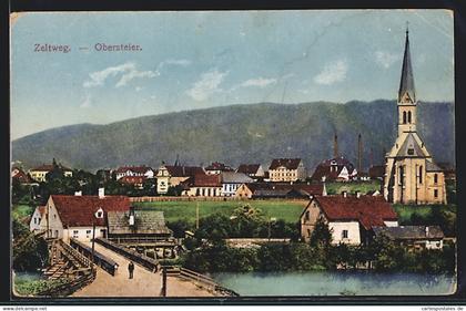 AK Zeltweg, Ortsansicht mit Brücke und Kirche