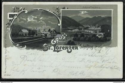 Mondschein-Lithographie St. Lorenzen b. Scheifling, Schrattenberg, Ortsansicht
