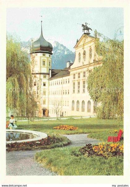 Stams Tirol  AT Stift-Stams Barockkloster Zwiebeltuermchen Park Brunnen Blumen R