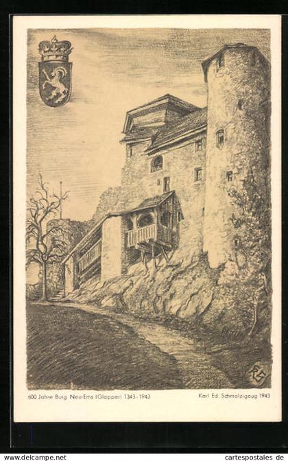 Künstler-AK Hohenems, 600 Jahre Burg Neu-Ems (Glopper), Wappen