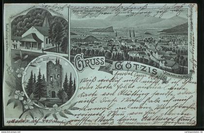Lithographie Götzis, Teilansicht, Wallfahrtskirche und Burgruine bei Vollmond