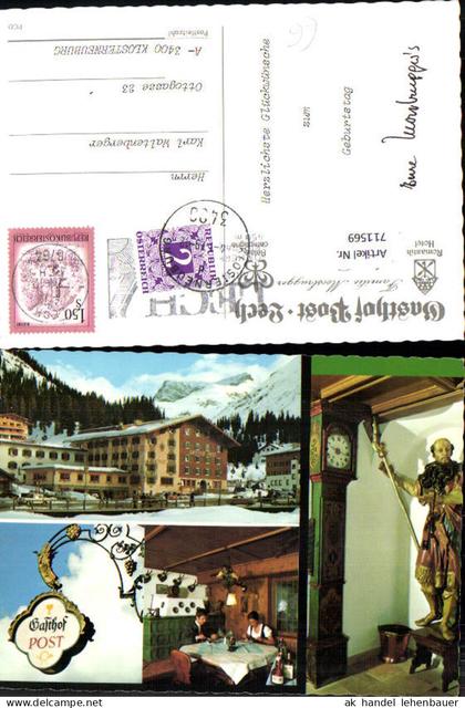 711569 Mehrbild AK Lech a. Arlberg Gasthof Post Lech Gaststube Standuhr mit Statue