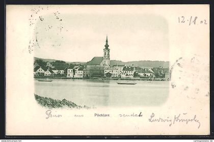 AK Pöchlarn, Uferpartie mit Kirche