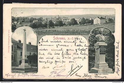 AK Schrems /N.-Ö., Obelisk, Hamerling-Denkmal, Ortsansicht
