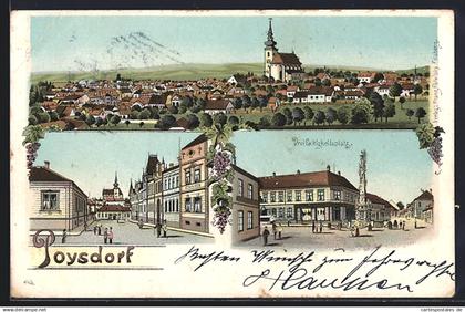 Lithographie Poysdorf, Dreifaltigkeitsplatz, Gesamtansicht mit Kirche
