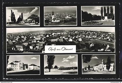 AK Oberwart, Gesamtansicht, Kirche, Park mit Denkmal, Rathaus