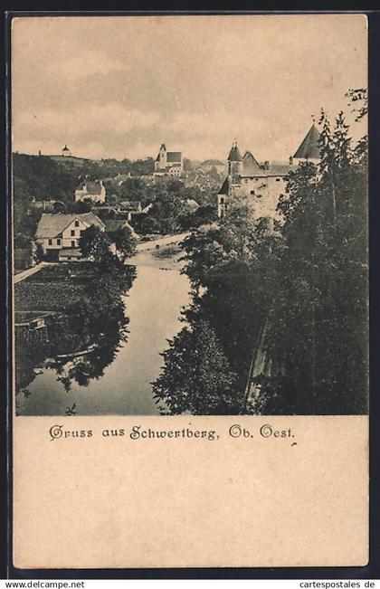 AK Schwertberg, Ortsansicht mit Gewässer aus der Vogelschau