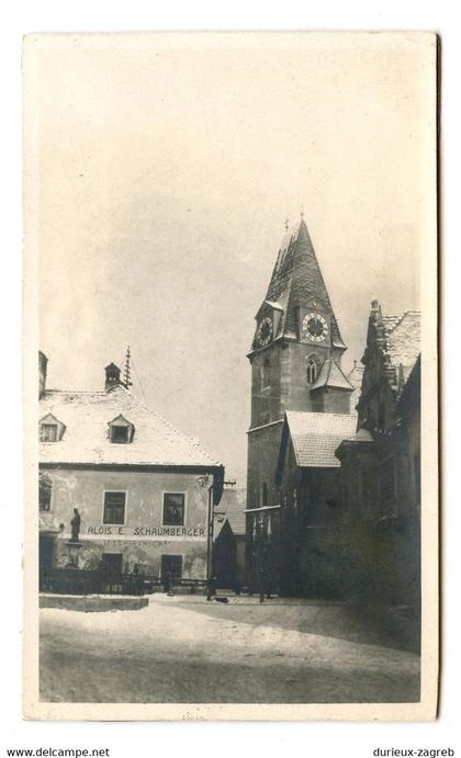 Krieglach Alois E. Schaumberger Gastwirtschaft and church tower with clock - small old photo (6 x 10,3 cm) b210820