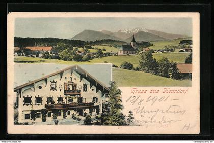 AK Henndorf am Wallersee, Gasthof, Kirche mit Gebirgspanorama