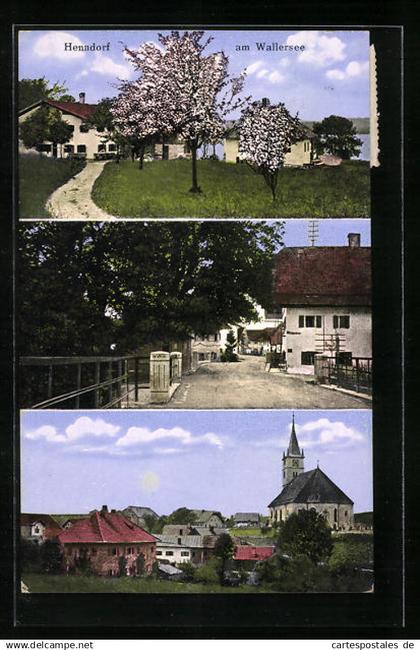 AK Henndorf am Wallersee, Strassenpartie, Ortspartie, Panorama mit Kirche