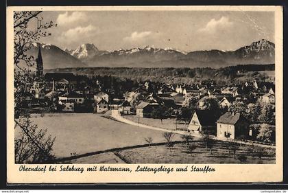 AK Oberndorf bei Salzburg, Ortsansicht mit Watzmann, Lattengebirge und Stauffen