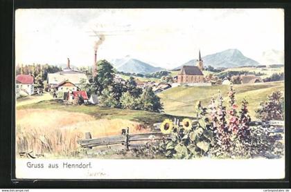 Künstler-AK Henndorf am Wallersee, Ortspartie mit Kirche