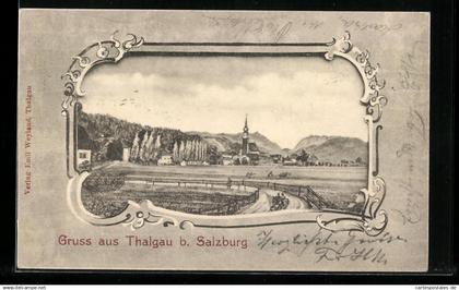 Künstler-AK Thalgau b. Salzburg, Ortsansicht mit Kirche