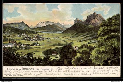 Künstler-AK Thalgau, Ortspartie im Gebirge