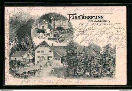 Lithographie Grödig, Wasserschloss, Gasthaus