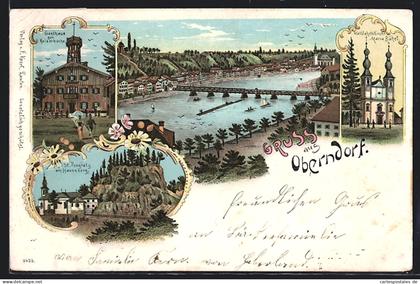 Lithographie Oberndorf bei Salzburg, Gasthaus zur Kaiserbuche, St. Pongratz am Haunsberg, Wallfahrtskirche