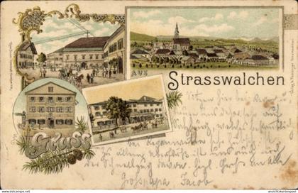 Lithographie Straßwalchen in Salzburg Österreich, Gesamtansicht, Marktplatz, Gasthaus