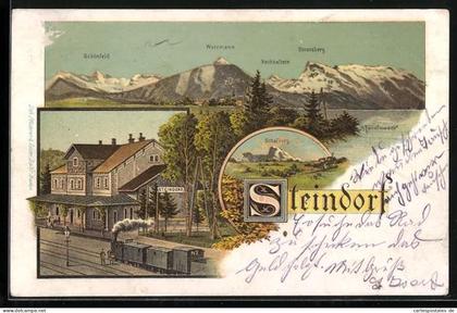 Lithographie Strasswalchen, Steindorf, Bahnhof mit Eisenbahn, Totalansicht mit Berglandschaft