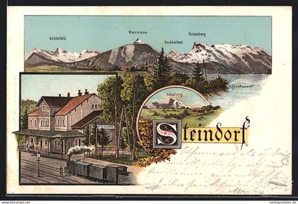Lithographie Strasswalchen, Steindorf, Bahnhof mit Eisenbahn, Totalansicht mit Berglandschaft