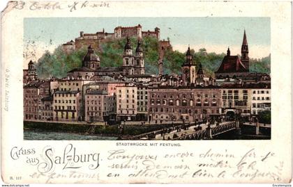 CPA Carte Postale Autriche Salzbourg Gruss aus Salzbourg  Stadbrücke mit Festung 1901 VM99919